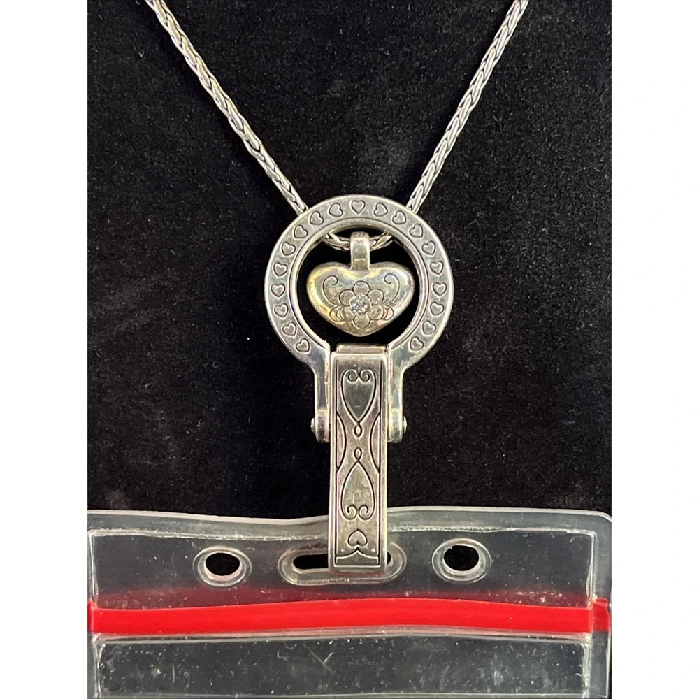 Brighton Floating Heart Badge Lanyard ID Holder Silver Plated Retired 32